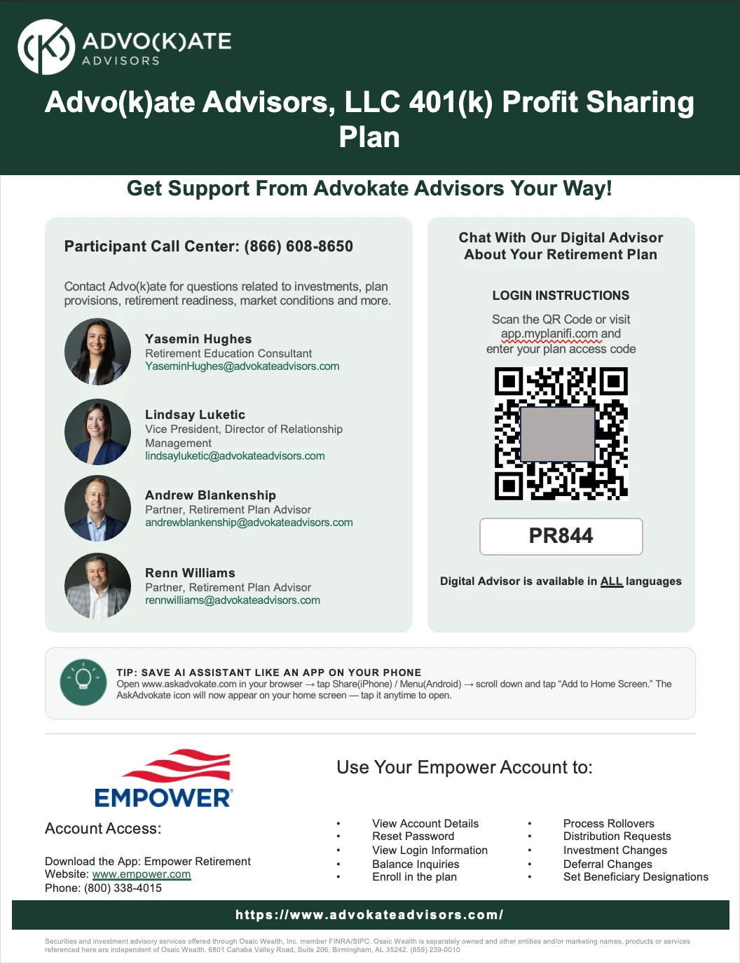 A one-page participant contact card for the Advo(k)ate Advisors, LLC 401(k) Profit Sharing Plan. It lists the participant call centre number, four named members of the advisory team with photographs and email addresses, a QR code and plan access code for the digital assistant, and the recordkeeper's account access details.